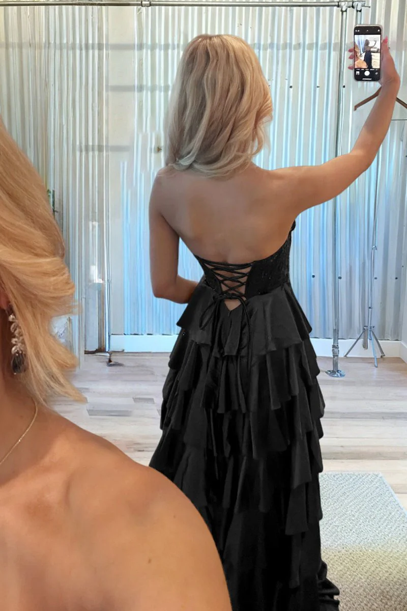 Navy Blue Sweetheart A Line Satin Appliqued Prom Dresses With Ruffles