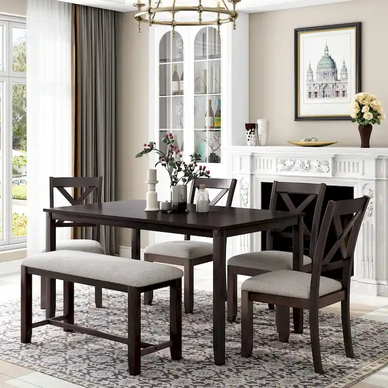 Espresso / Grey / Natural Cherry Rectangular Dining Table Set with 4 Chairs & Bench, 6-Person