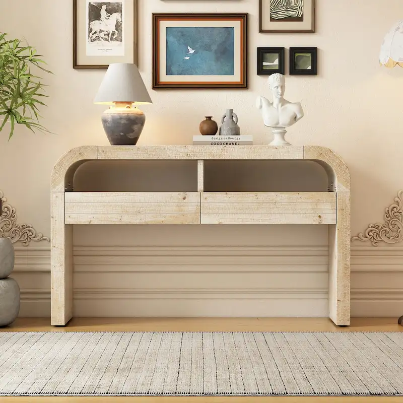 Natural Wood Wash Console Table with Drawers & Open Shelf, 1-Person Assembly