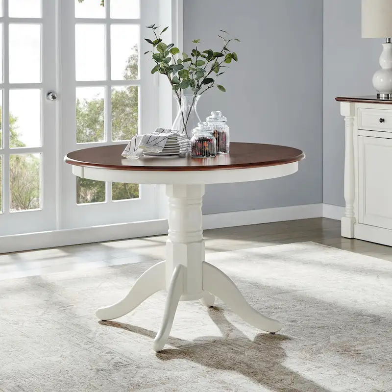 White Round Dining Table, Pedestal Base, Seats 4