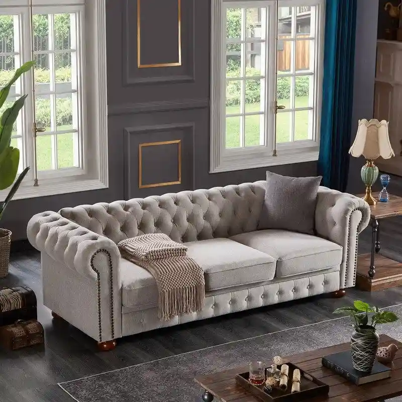 3-Seat Sofa with Linen Upholstery and Wood Frame