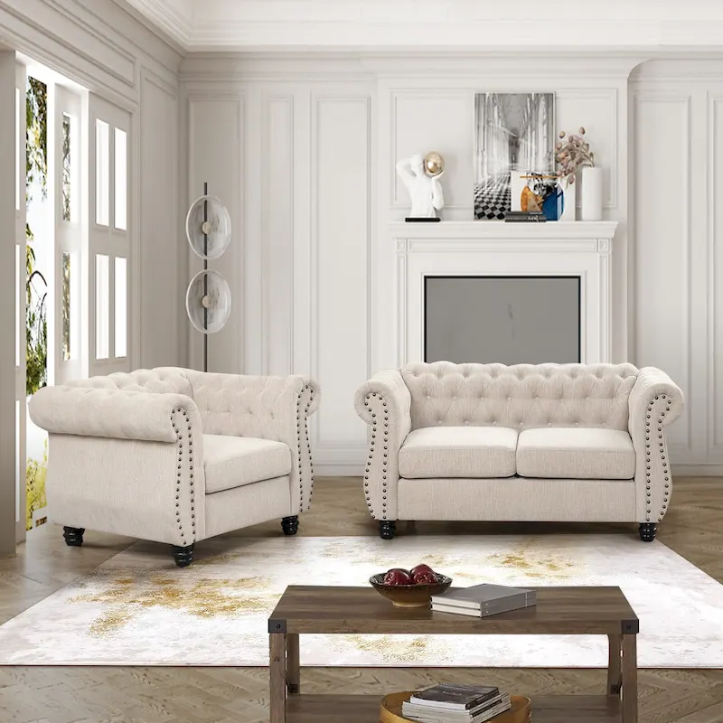 Chair, Loveseat 2-pcs Set Tufted Upholstered Chesterfield Furniture Set