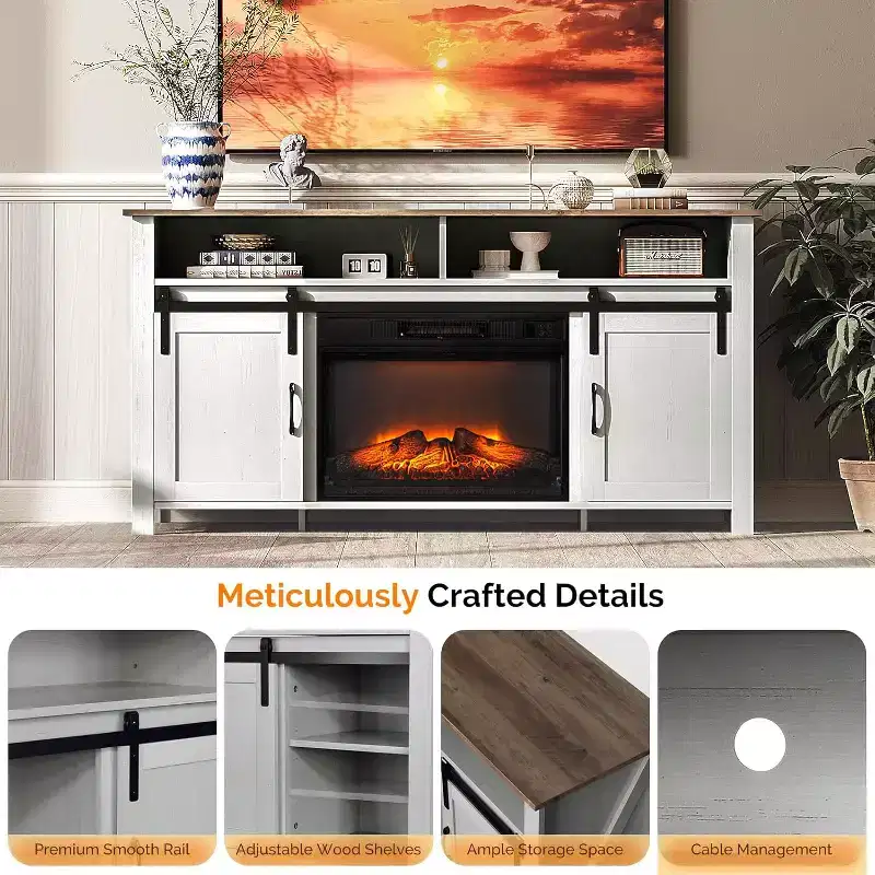 VINGLI Fireplace TV Stand with Sliding Barn Door for 70 Inch TV, Farmhouse Entertainment Center  23 Fireplace