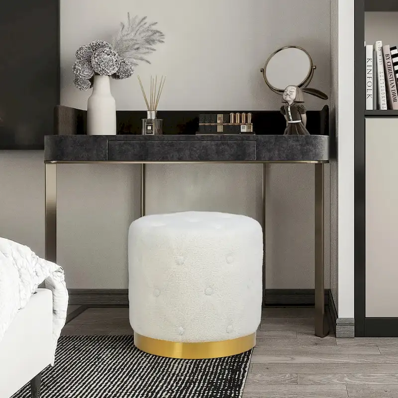 Adeco Round Velvet Ottoman Vanity Footrest Stool Gold Plating Base