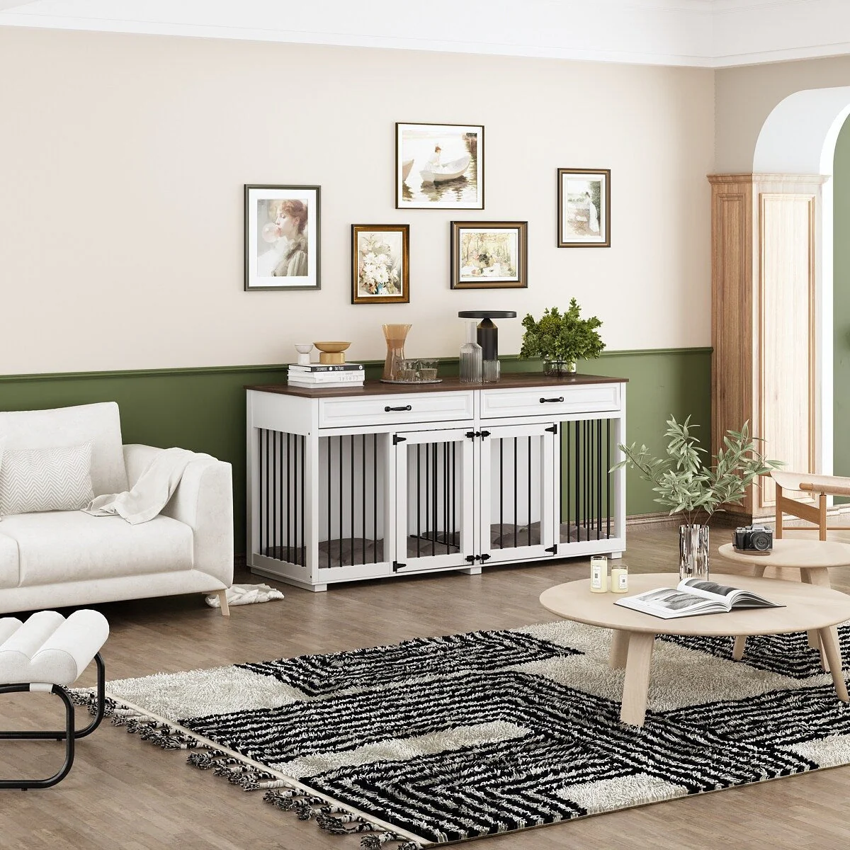 Wooden Double Dog Crate Kennel Furniture with 2 Drawers & Divider