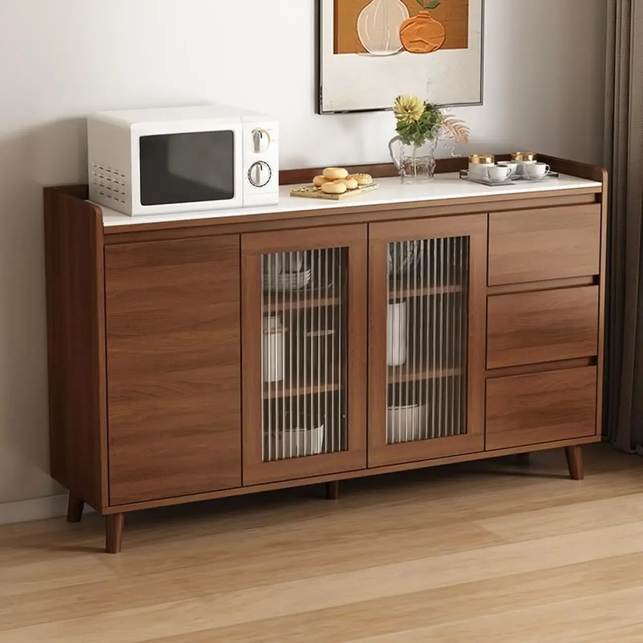 Freestanding Brown Stone-Top Cocoa Wood Sideboard with Doors
