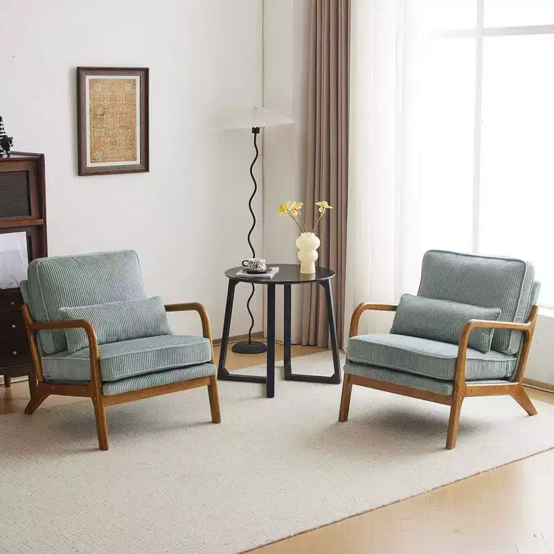 Karl Home 2Pcs Mid Century Solid Wood Accent Chair Upholstered Armchair with an Extra Pillow