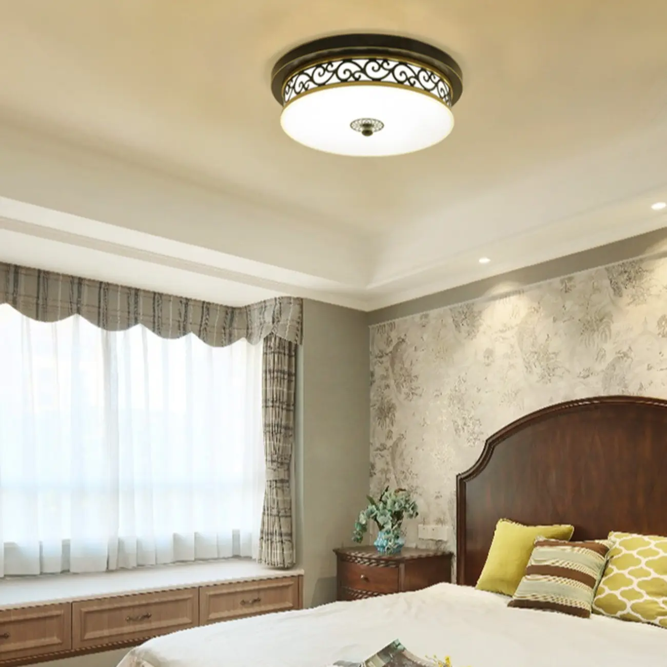 Classic Black Metal Drum Glass Flush Mount Ceiling Light