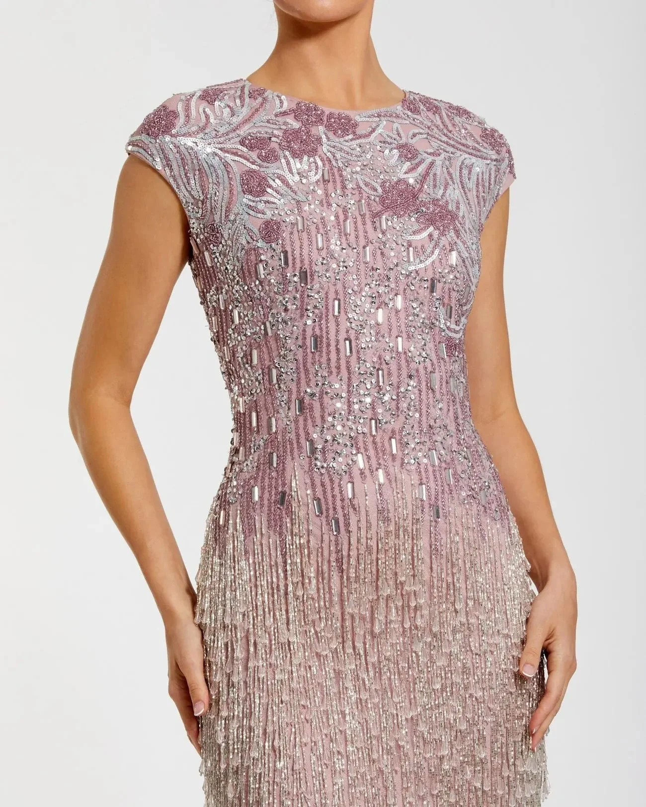Purple Embellished Cap Sleeve Gown With Fringe Beading
