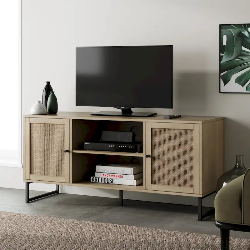 Oak/Black & White/Gold Boho TV Stand with Rattan Doors, Single or Set of 2