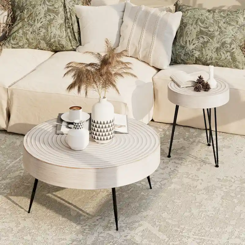 Rustic Cylindrical Wood Veneer Coffee Table – Natural / White / Light Red & Natural
