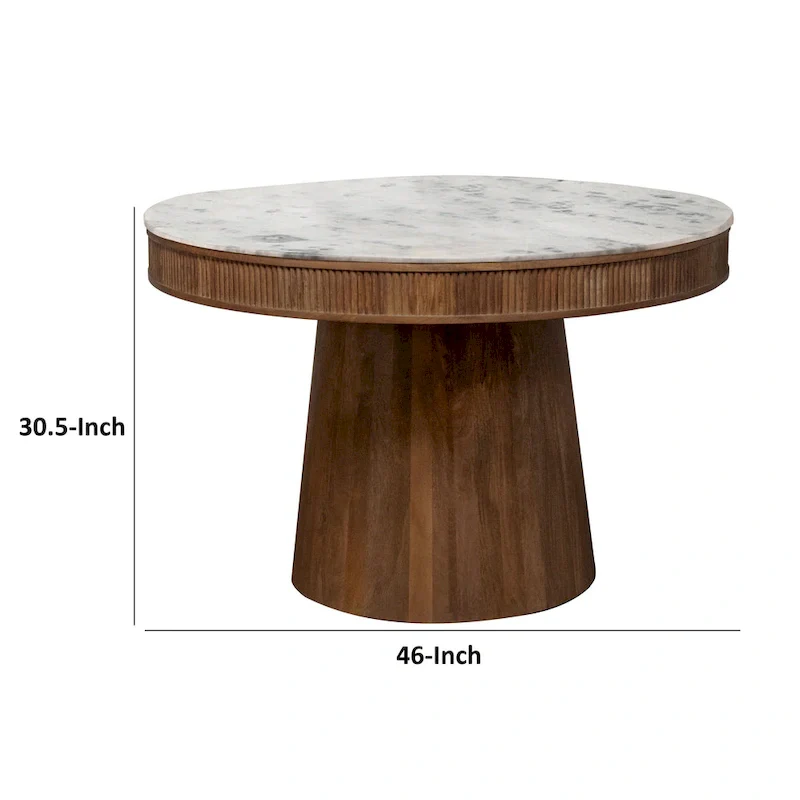 White Marble Top Round Dining Table with Brown Fluted Pedestal Base - 46 Inch