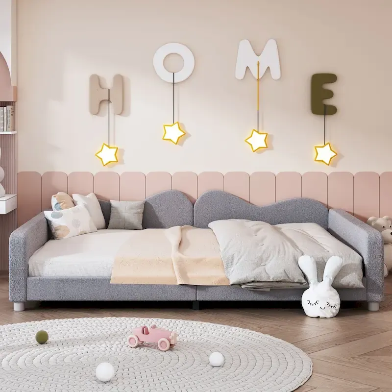 Full size Upholstered Daybed, Sherpa Fabric Sofabed with Cloud-Shaped Backrest, No Box-spring Needed, White