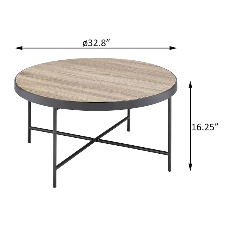 Round Farmhouse-Industrial Coffee Table – Weathered Grey Oak & Black Metal Frame