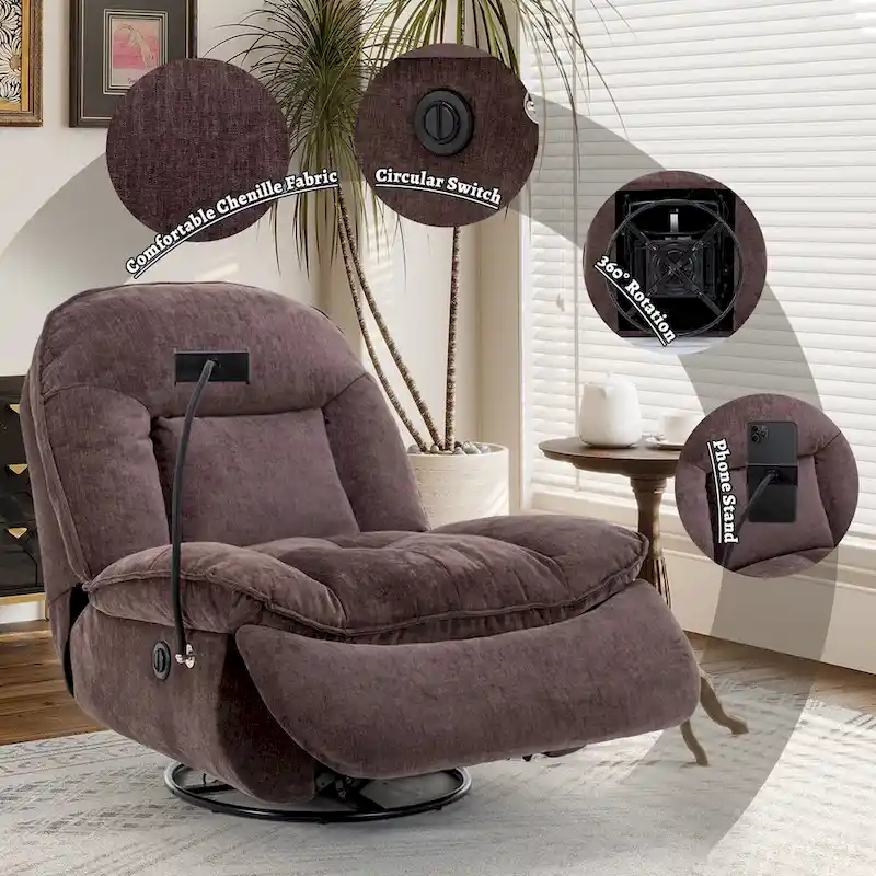 Bronzing fabric swivel recliner with mobile phone bracket