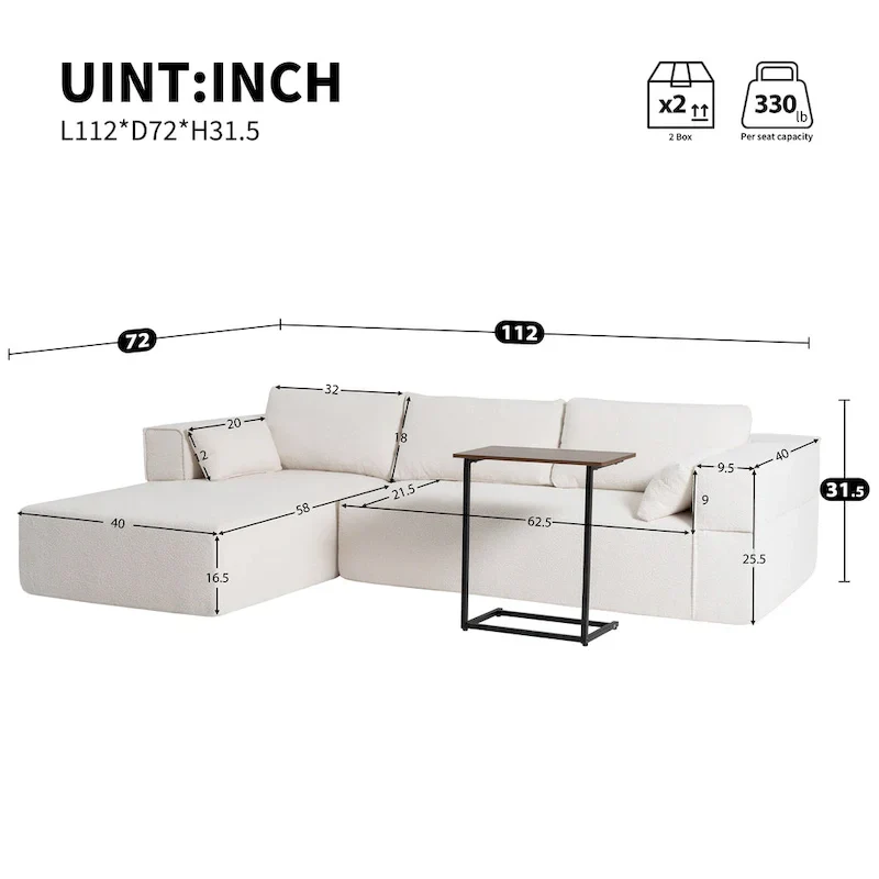 112 Boucle Modular Sectional Sofa with Free Side Table, Wide Seat Design and No Assembly Required