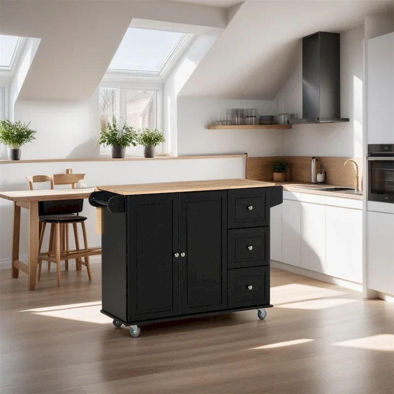 Mobile Wood Kitchen Island with Drawers and Towel Rack - N/A