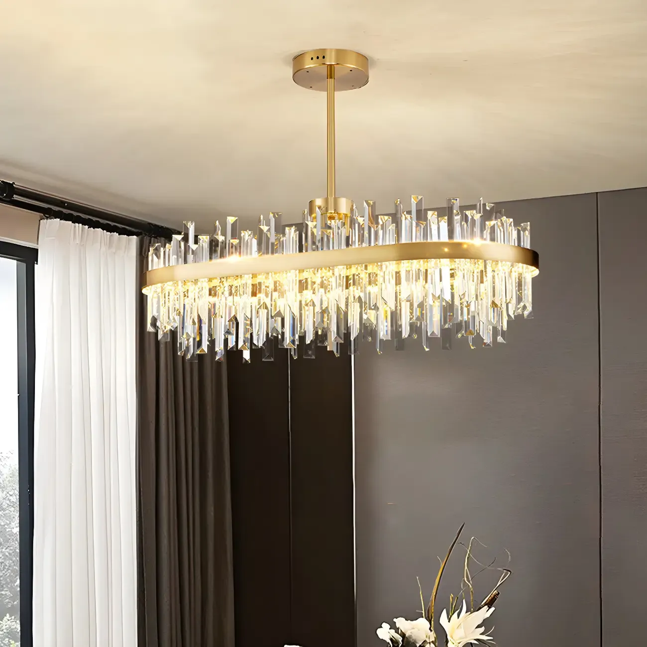 Modern Gold Oval Crystal LED Island Pendant Light for Kitchen