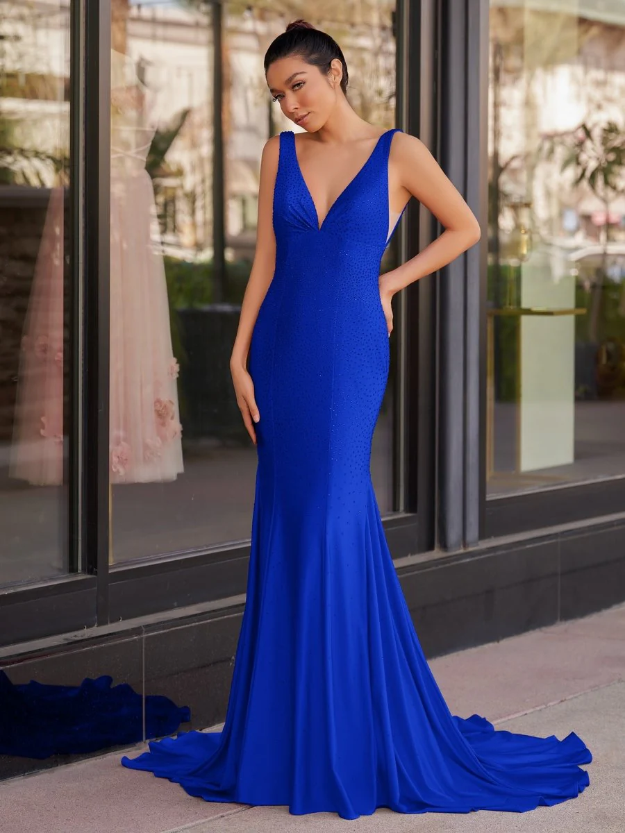Mermaid Deep V-Neck Beaded Satin Long Prom Dress
