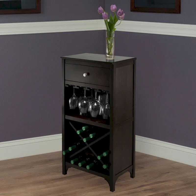 Espresso Wine Cabinet with Drawer, Glass Hangers & X Wine Storage — Solid & Composite Wood