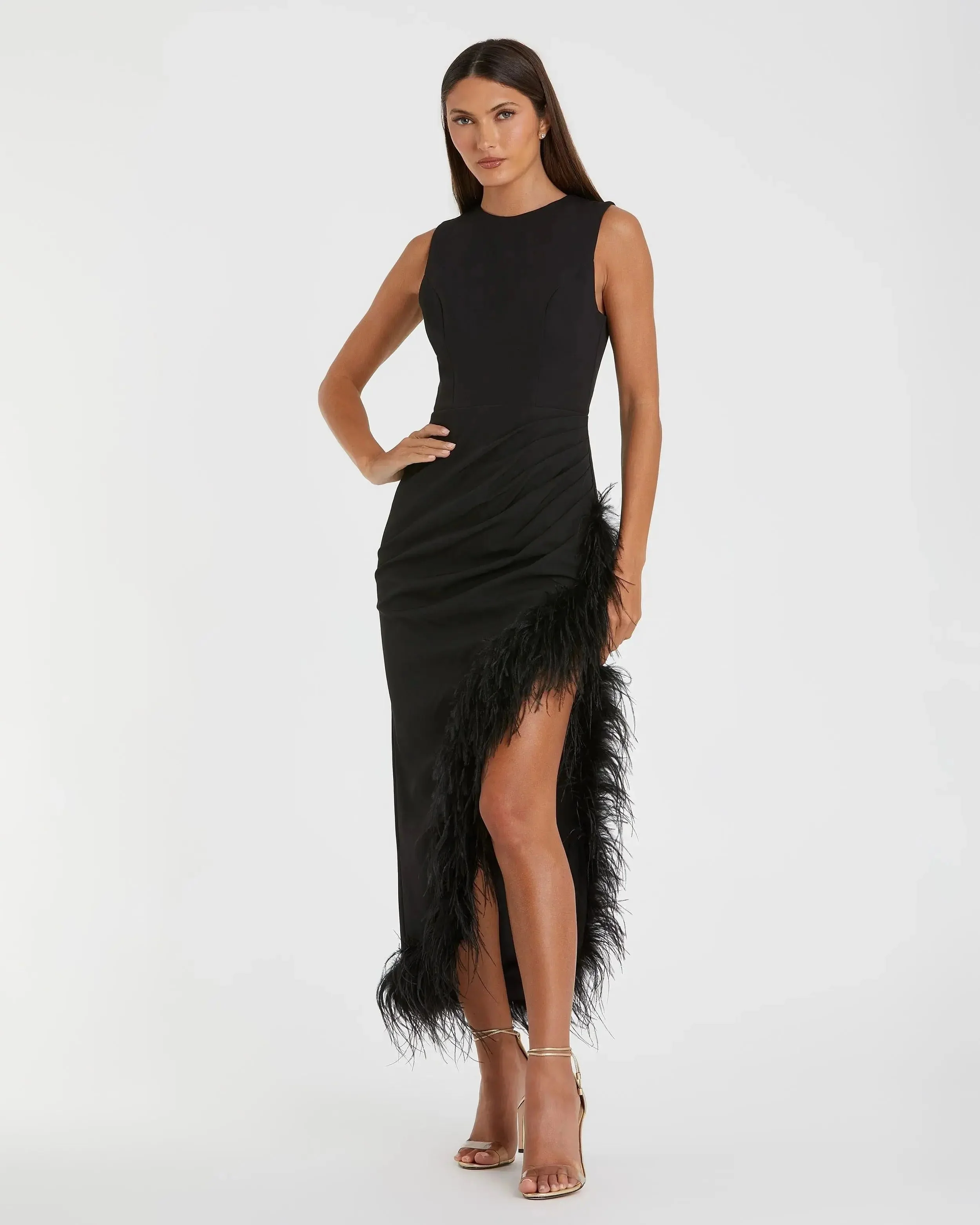 Black Ruched High-Low Sheath Dress with Feather Trim