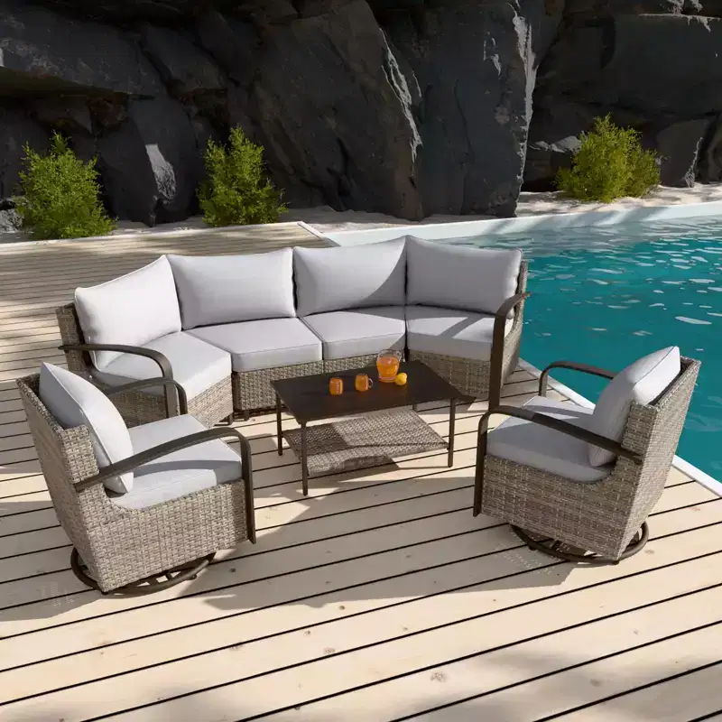 EAGLE PEAK Coastal Vista Outdoor Patio Furniture Set, Half-Moon Curved Wicker Patio Conversation Set with Coffee Table