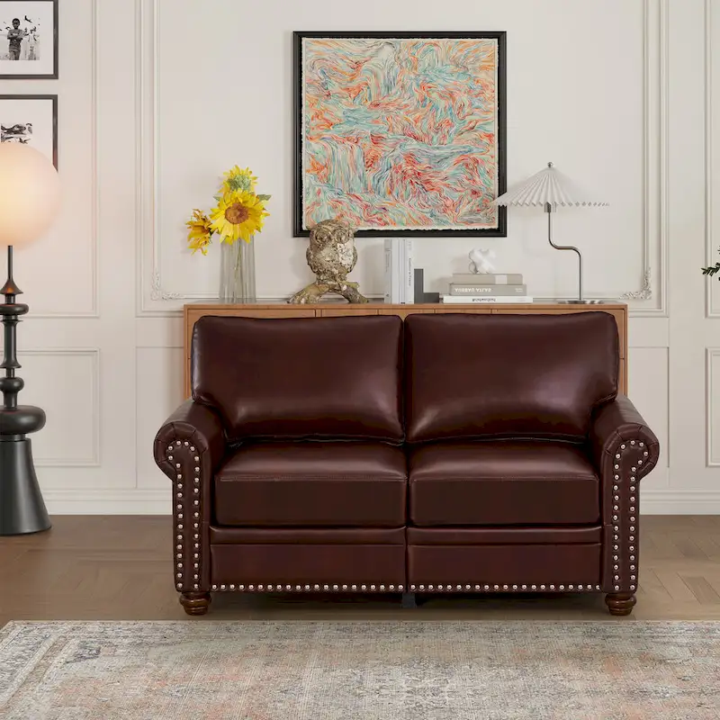 Faux Leather Loveseat with Storage – Burgundy / Grey / Black, Nailhead Trim, Seats 2