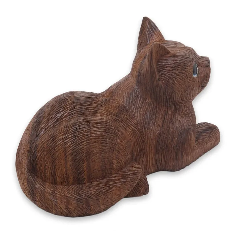 Novica Handmade Long Haired Cat Wood Sculpture