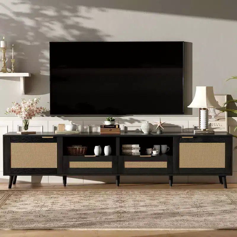 MAYEERTY Rattan TV Stand for TVs up to 85, Modern Framhouse Media Console, Entertainment with SOlid Wood Legs for living Room