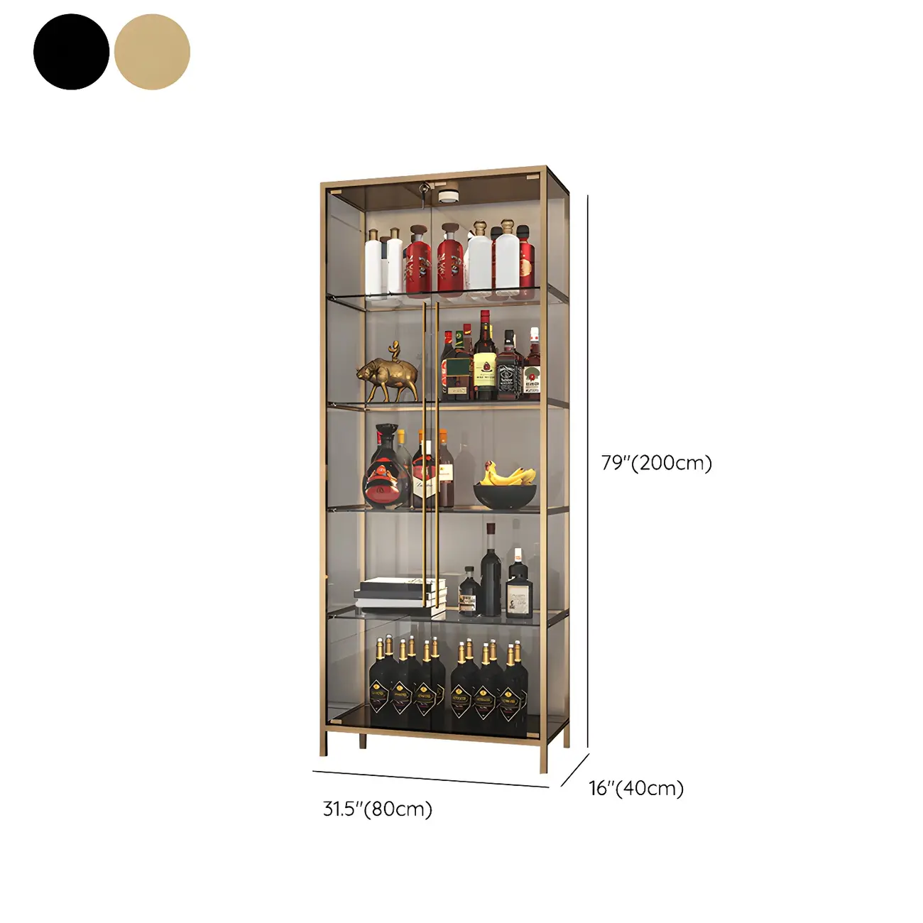 Modern Gold Glass Shelf Display Standard Curio Cabinet