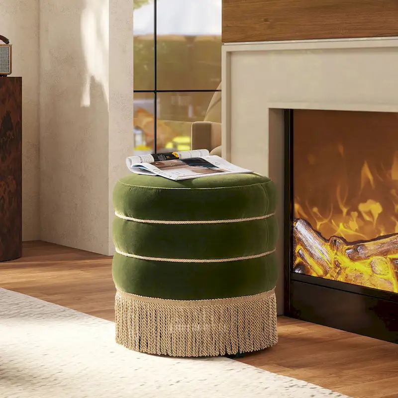 Edward 17.5 Round Upholstered Ottoman with Gold Bullion Fringe