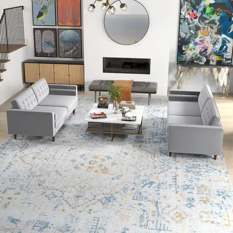 Kenzo Mid Century Pillow Back Velvet Sofa and Loveseat Set