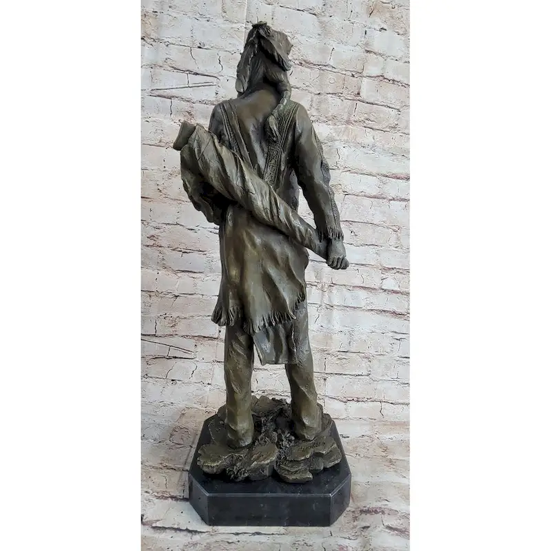 Indian Chief With Shield Gun Full Headdress Native American Bronze Statue 22 Inches
