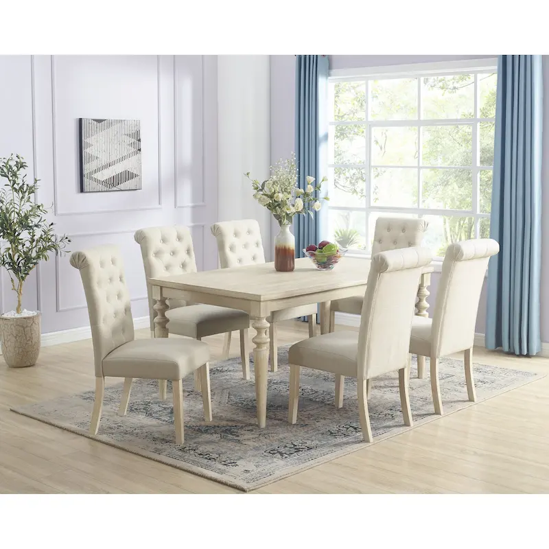 Dining Table with 6 Tufted Chairs, Turned-Leg
