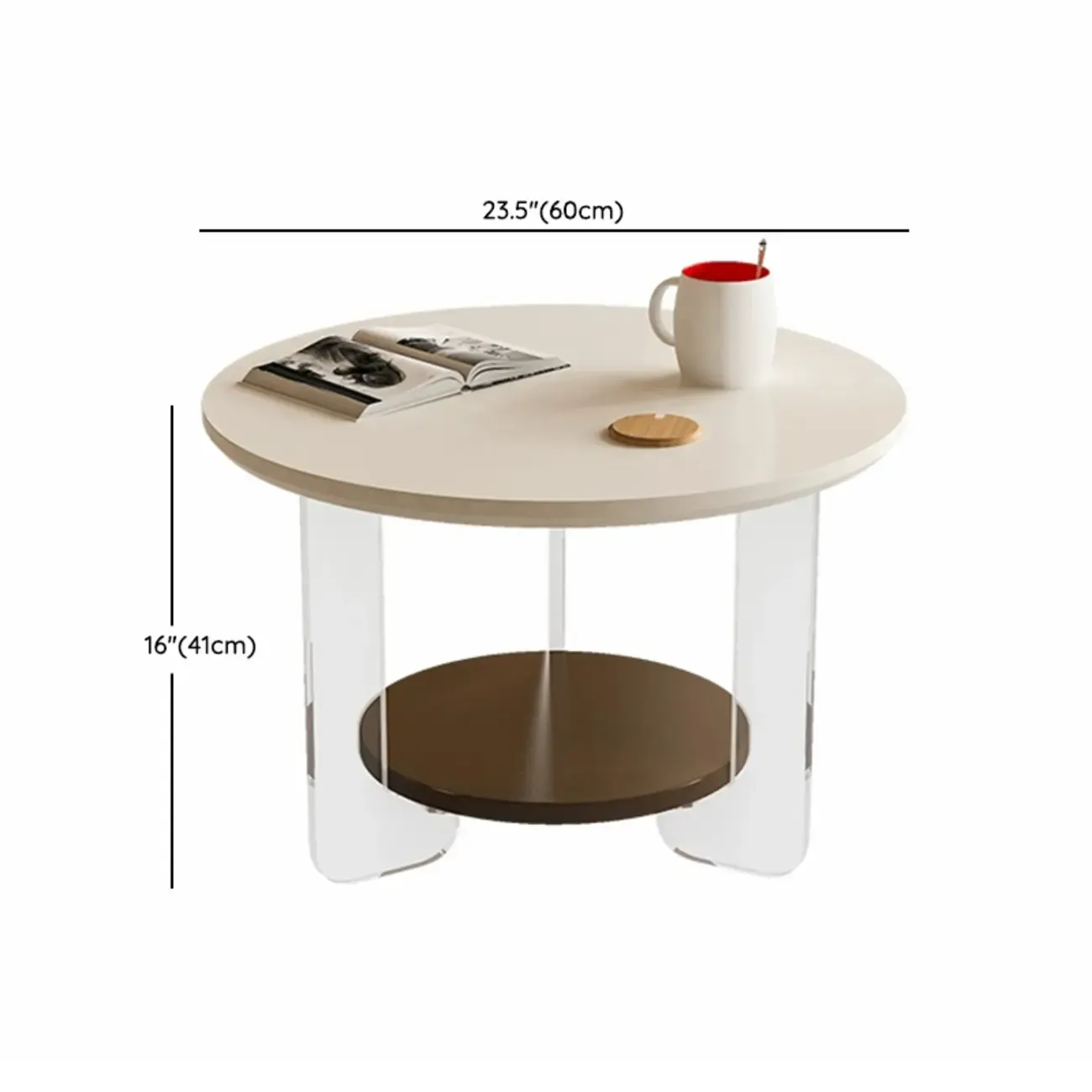 White Brown Wood Round Coffee Table with Shelf and Plastic Leg