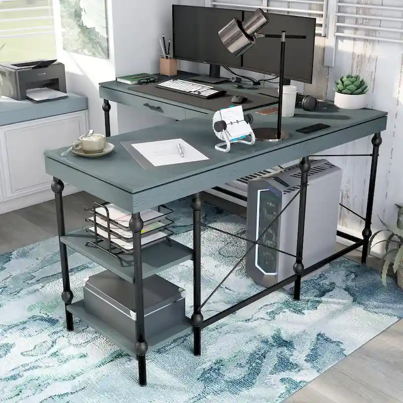 Haley Farmhouse 59-inch Metal L-Shaped Computer Desk with USBs by Furniture of America