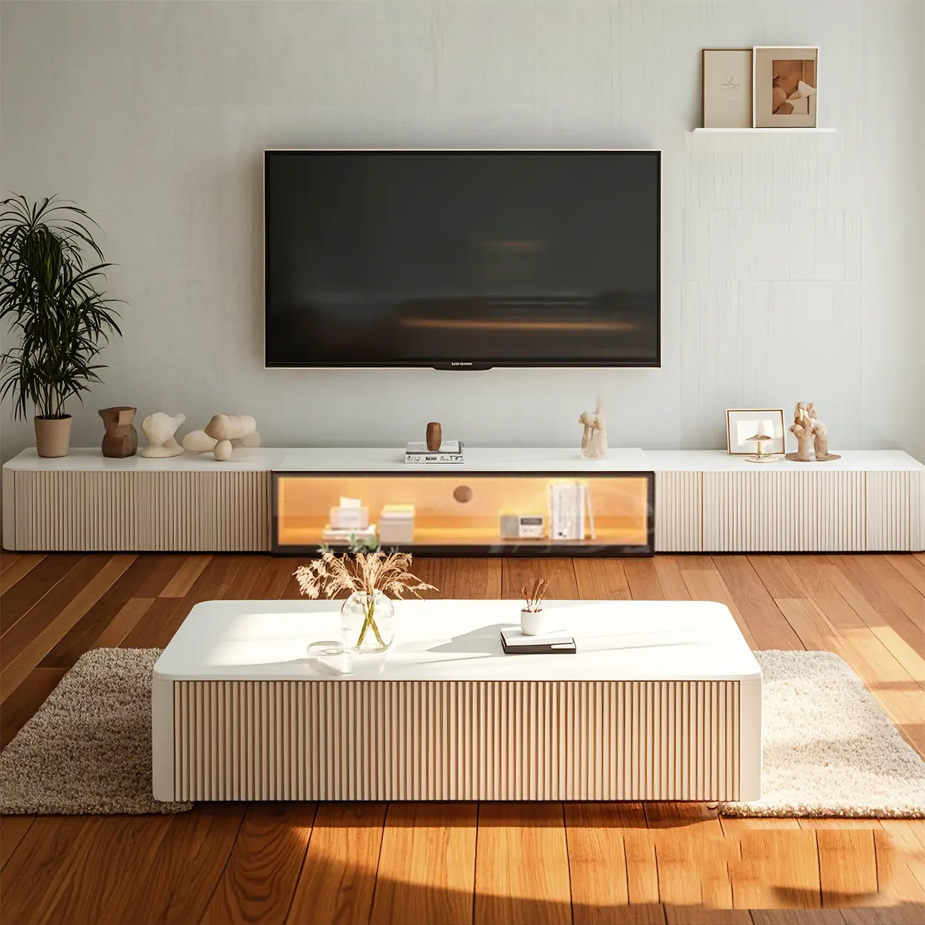 63 Champagne Long Stone TV Stand with Cable Management