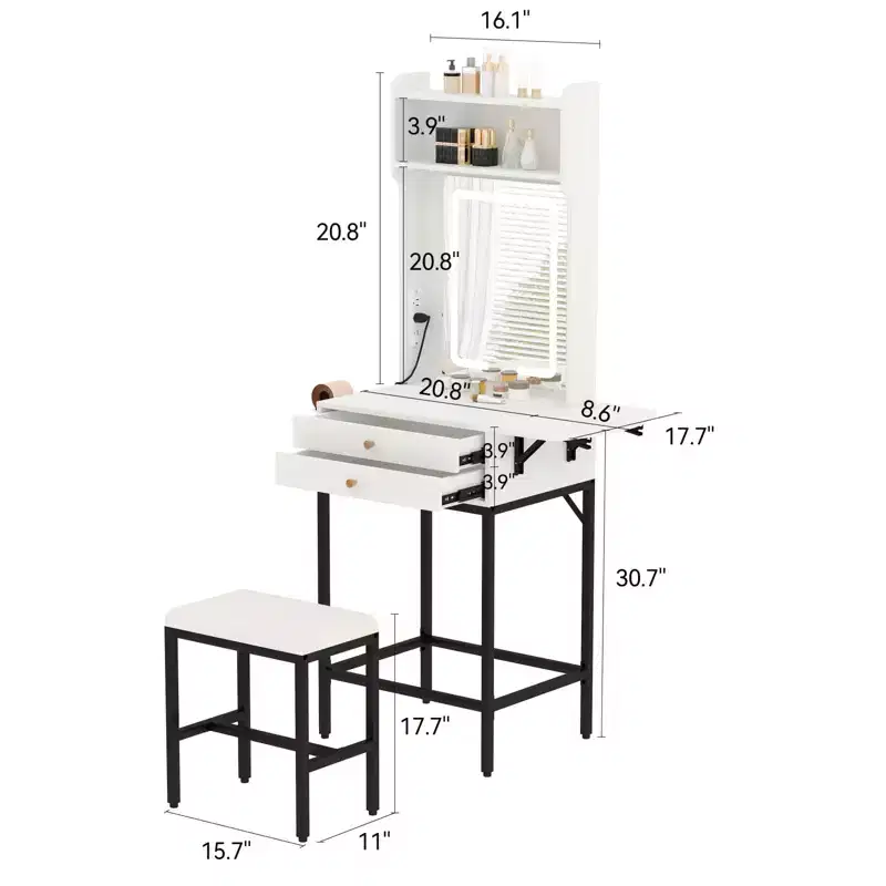 COZONY Small Makeup Vanity Desk with Mirror, Mini Adjustable Lighted Vanity Table with Hair Dryer Holder, 2 Drawers & Fold-Up Panel for Bedrooms