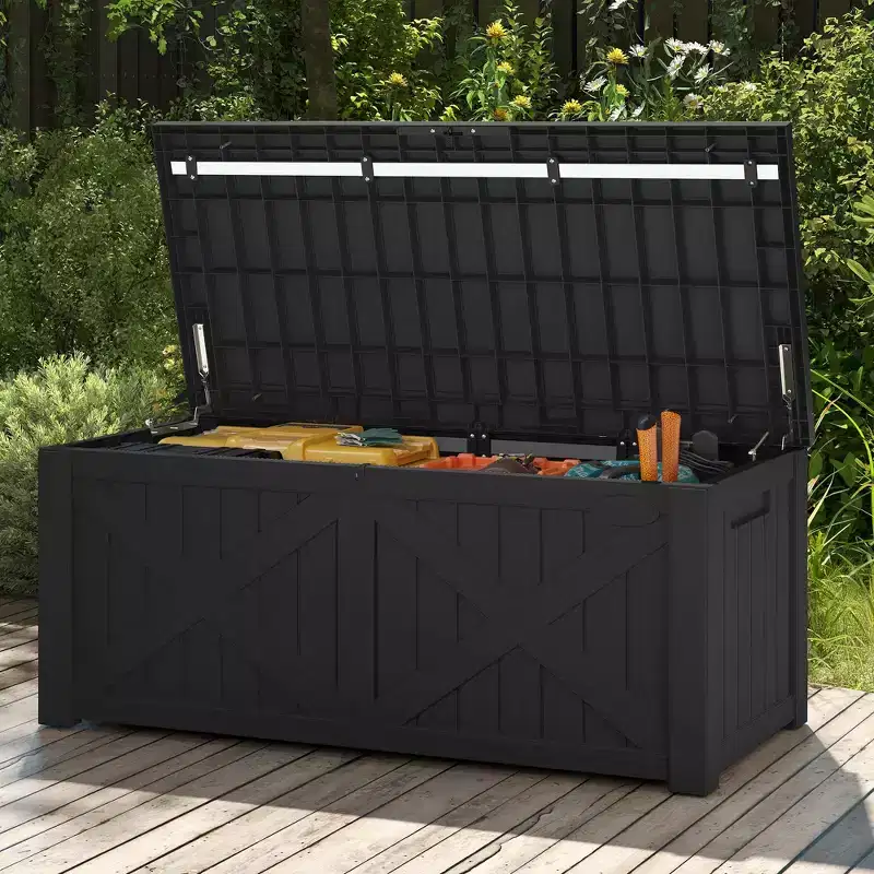 120 Gallon Large Deck Box with X-Shaped Front, Resin Outdoor Storage Boxes, Waterproof Cushion Storage Bench