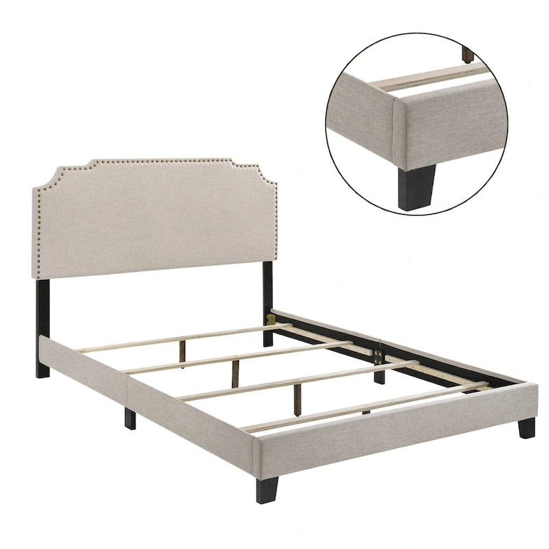 Upholstered Bed with Nailhead Trim in Beige