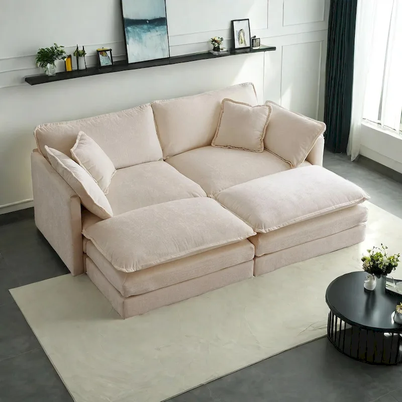 4-Piece Modular Chenille Upholstered Sleeper Sectional Sofa Bed with Ottoman