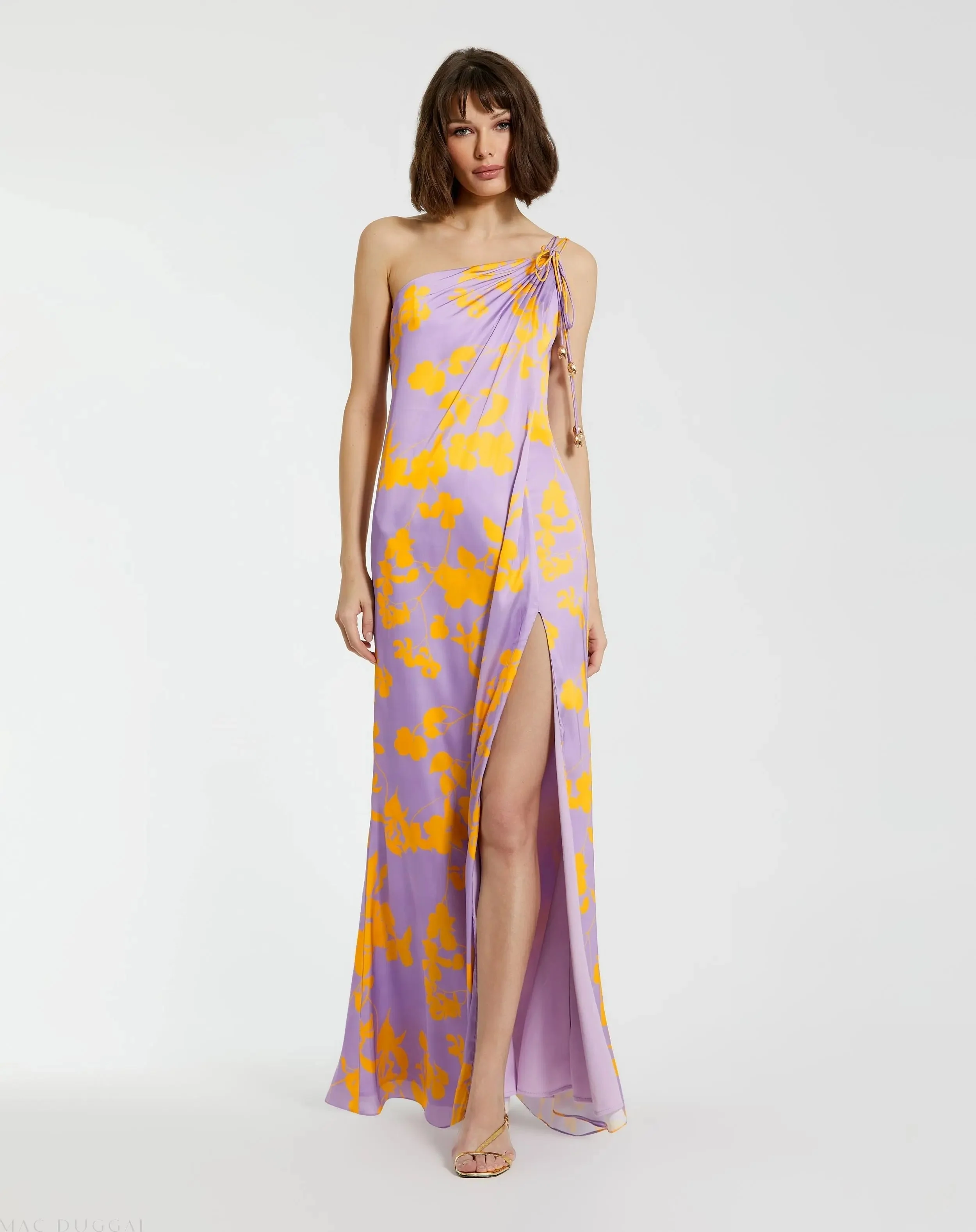 Purple Orchid Floral Printed Charmeuse One Shoulder Maxi Dress With Slit