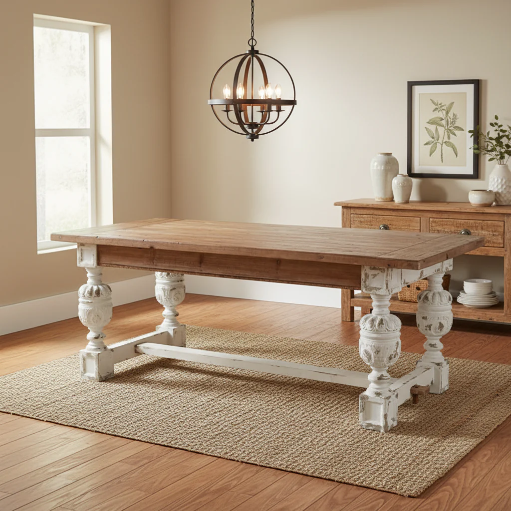 Distressed White Wood Base Dining Table