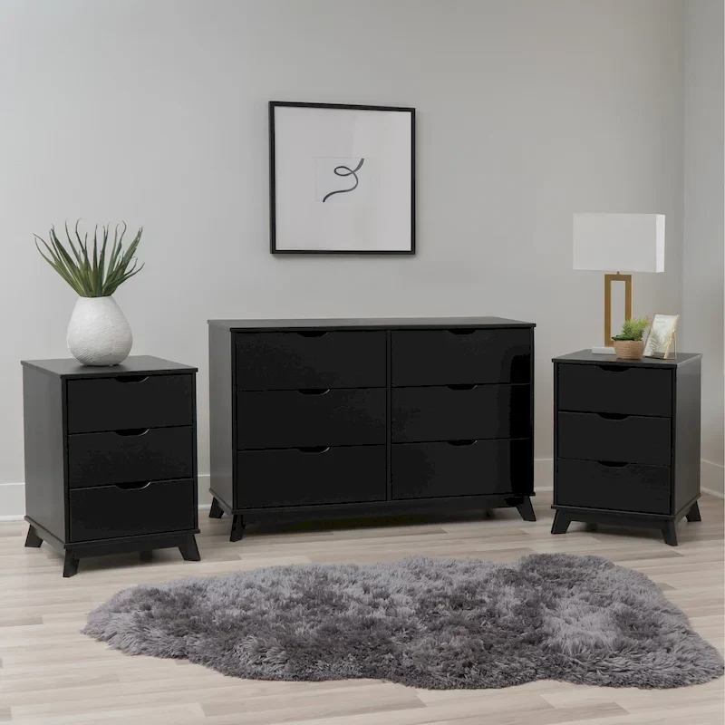 Pine Wood 3-Piece Bedroom Set with 6-Drawer Dresser and 3-Drawer Nightstands (Set of 2)