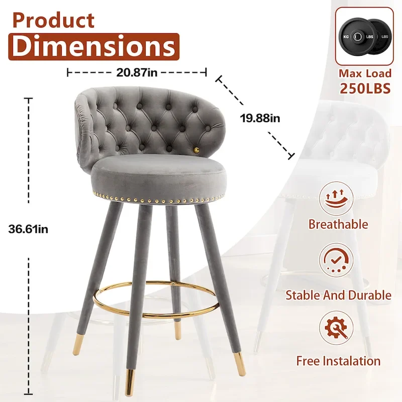Velvet Upholstered 360 Degree Swivel Tufted Bar Stools with Golden Footrest(set of 2)