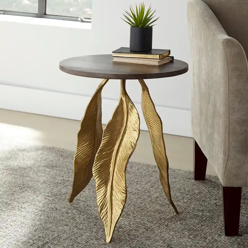 Walnut Top & Gold Base Accent Table, Single