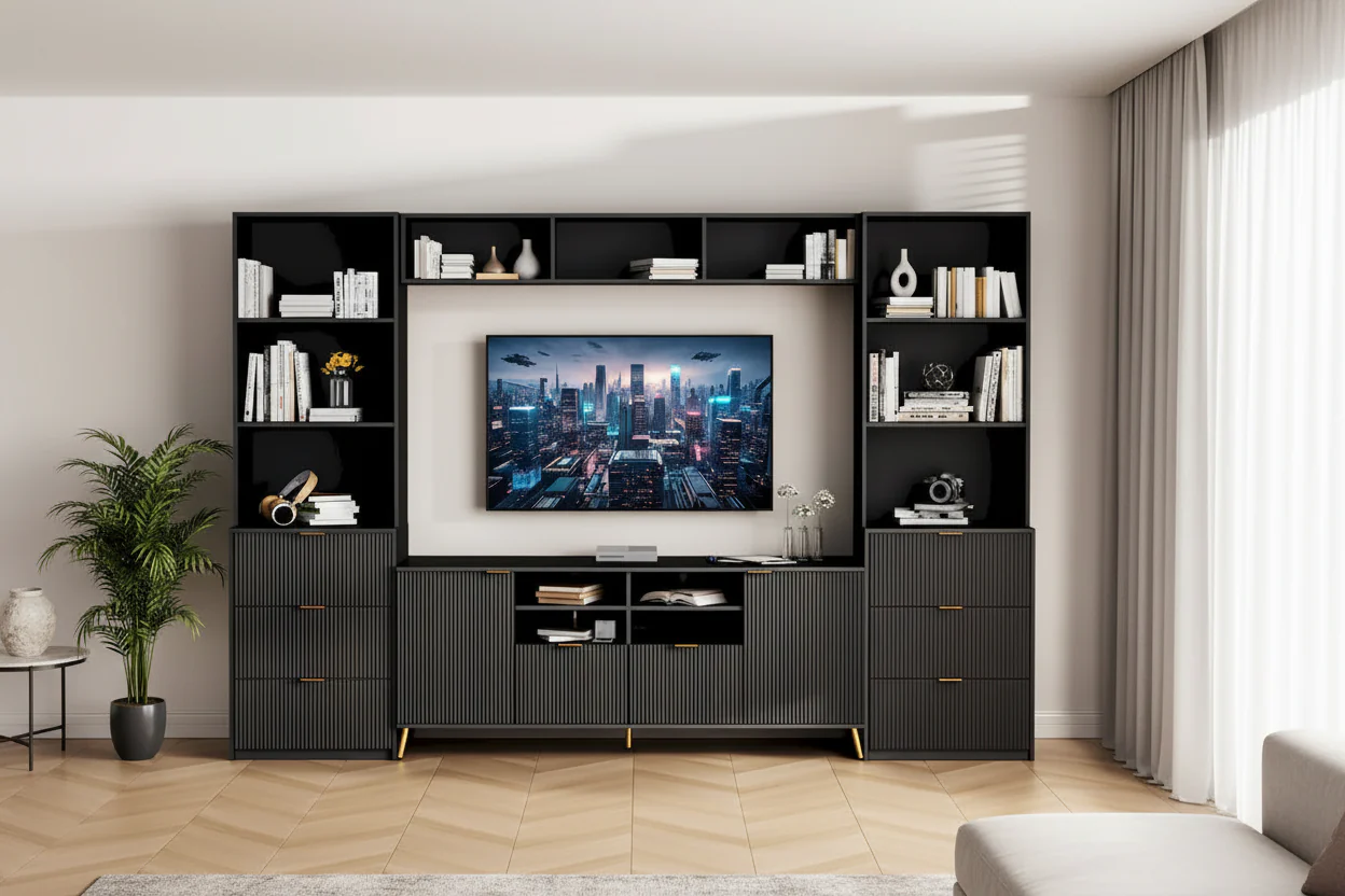 4-Piece Entertainment Wall Unit with 13 Shelves, 8 Drawers and 2 Cabinets – TV Stand Media Storage Cabinet
