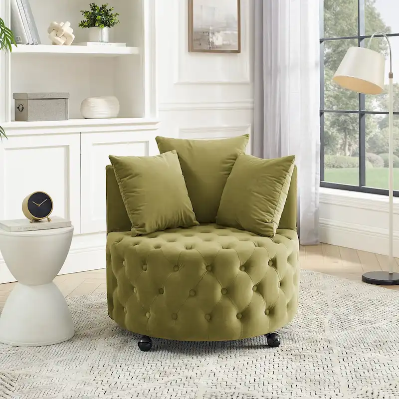 Living Room Velvet Swivel Chair with Button Tufted Design, 3 Pillows & Movable Wheels