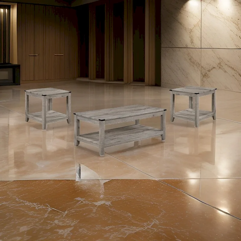 Hilton 3 Piece Coffee and End Table Set, Wood, Storage Shelf, Beige Finish