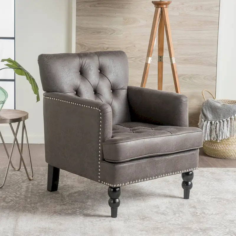 Greyish Brown / Slate Microfiber Club Chair, Button-Tufted, Single Seat